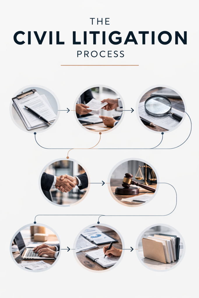 civil litigation process steps investigation complaint discovery settlement trial