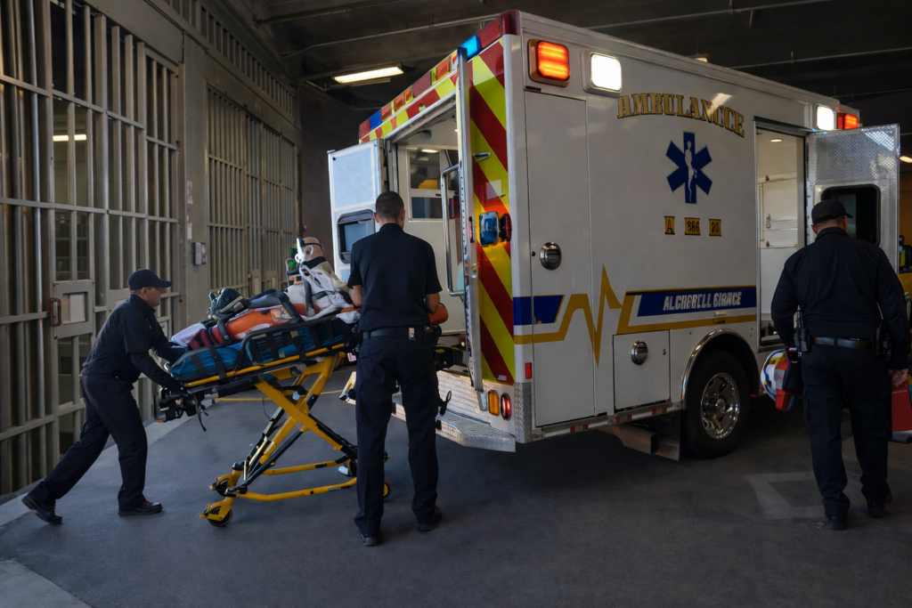 Emergency medical personnel transporting a detainee from a jail facility to an ambulance