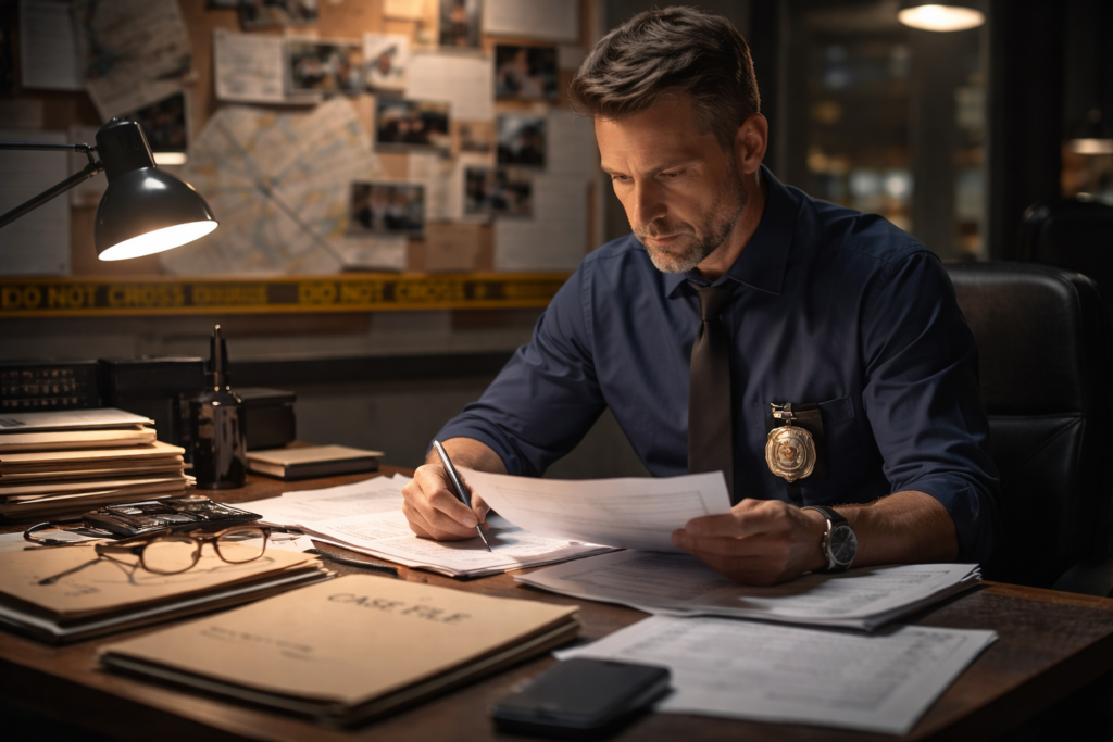Detective reviewing case files during a police investigation