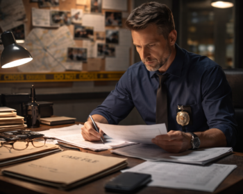 Detective reviewing case files during a police investigation